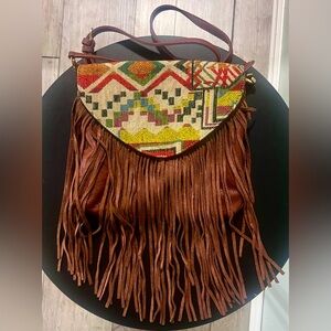 Bohemian Aztec Southwestern Navajo Fringe Leather Crossbody Bag Boho Fall
